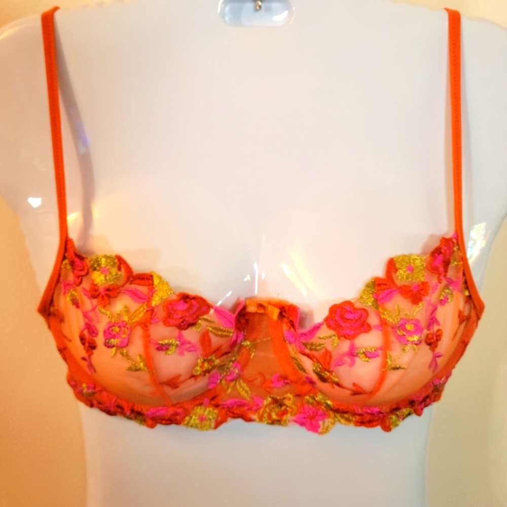 Donna Loren bra 24 1/2" tag says 34B, very small flowers in pink gold orangeNWOT
